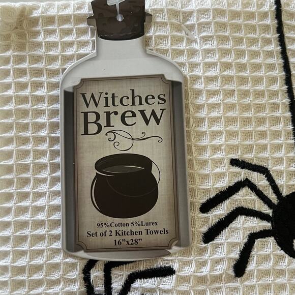 Witches Brew Halloween Kitchen Towels Set of 2 Cotton Blend 16x28 Spiders Stripe - Picture 3 of 4